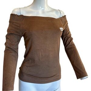 Unbranded Elegant Brown Off-Shoulder Women's S Top smocked faux suede stretch